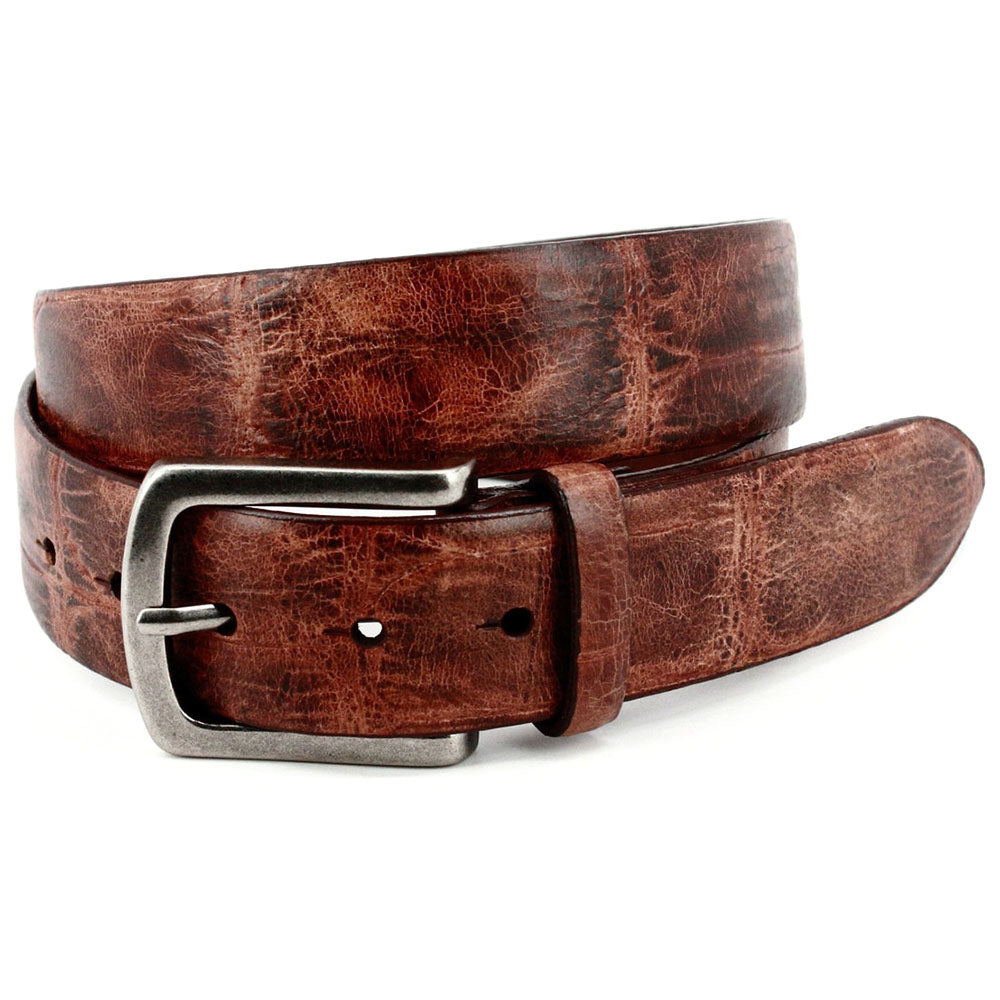 Torino Leather Large Scale Embossed Crocodile Calfskin Belt Cognac