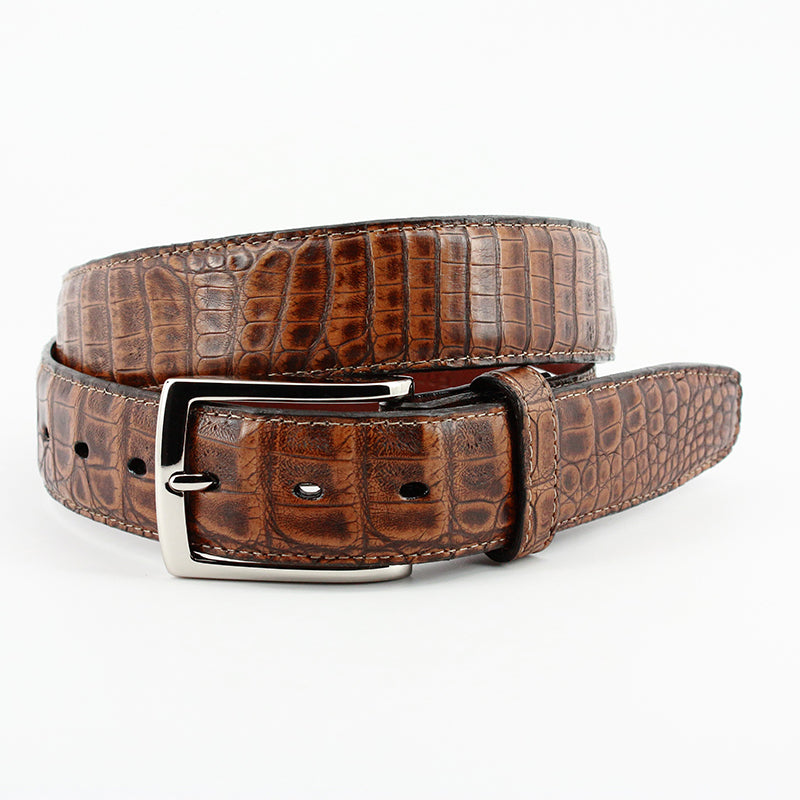 Torino Leather South American Caiman Belt Antique Pecan