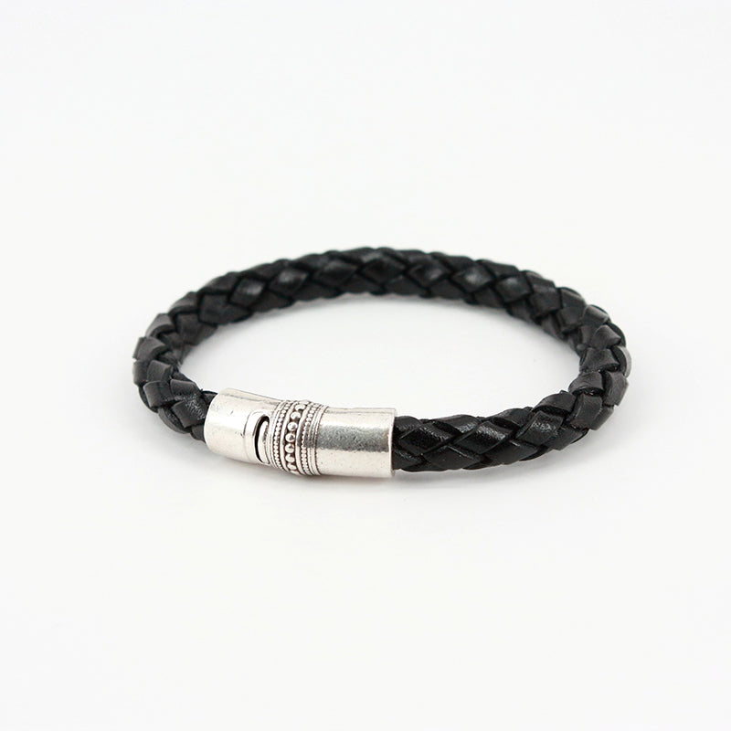 Torino Leather Thick Braided Leather Bacchus Bracelet Black