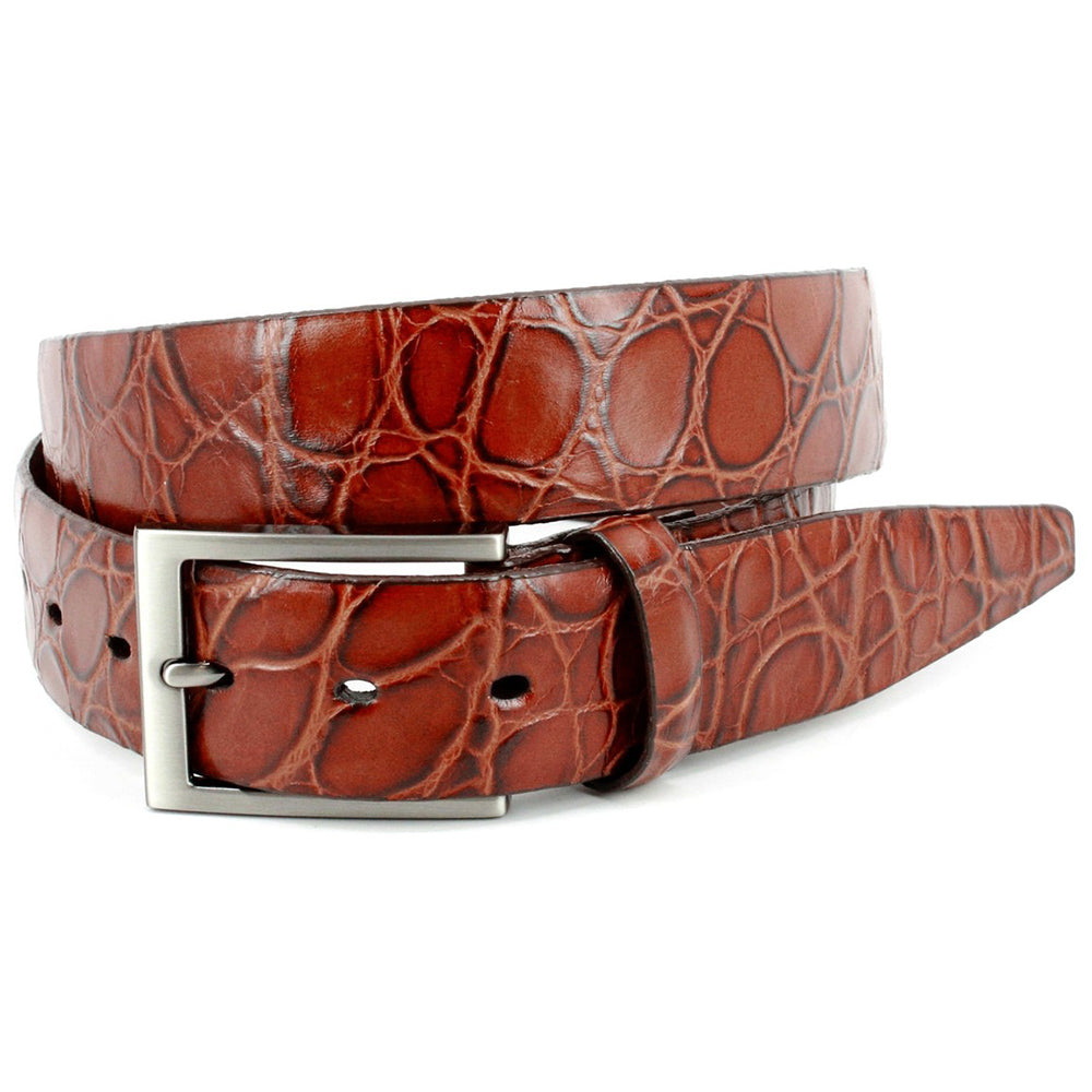 Torino Leather Tortoise Shell Embossed Italian Calfskin Belt Brandy