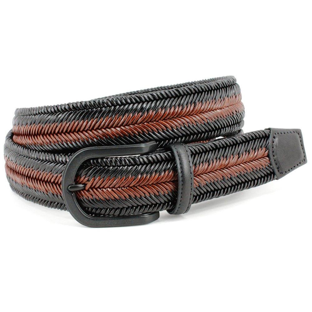 Torino Leather Two-Tone Italian Woven Herringbone Stretch Leather Belt Black/Brown
