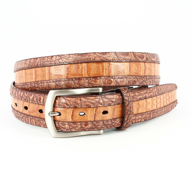 Torino Leather Two-tone South American Caiman Belt Pecan / Saddle