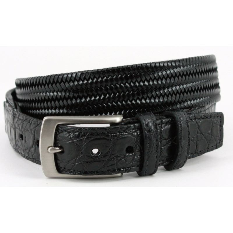 Torino Leather Woven & Caiman Leather Belt Black
