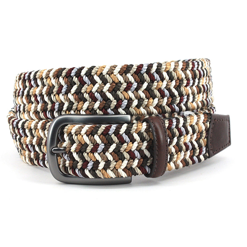 Torino Leather Woven Italian Rayon Elastic Belt Brown Camel