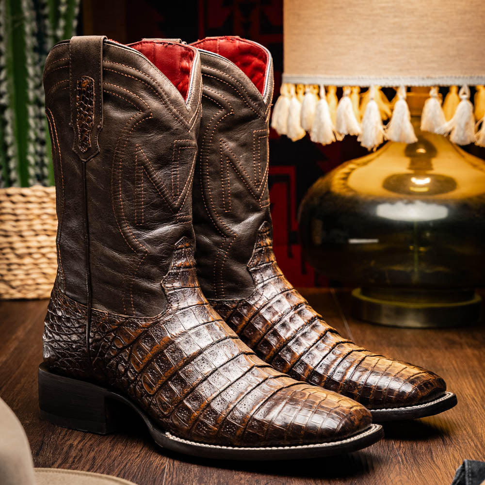 Marco Di Milano Tucson Caiman Crocodile Square Toe Cowboy Boot Aged Brown
