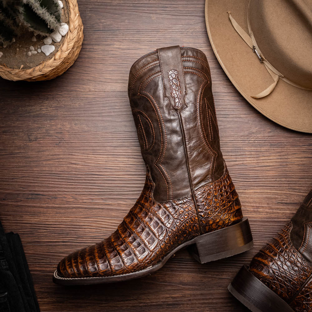 Marco Di Milano Tucson Caiman Crocodile Square Toe Cowboy Boot Aged Brown