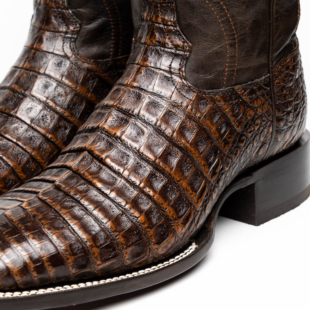Marco Di Milano Tucson Caiman Crocodile Square Toe Cowboy Boot Aged Brown
