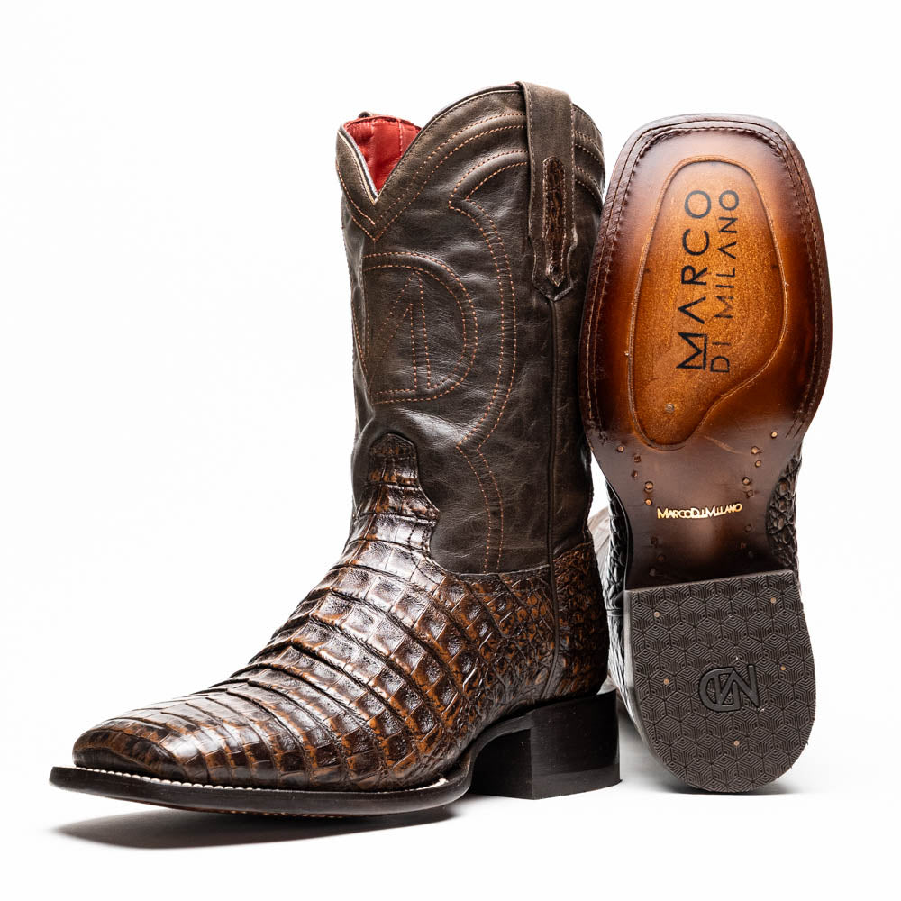Marco Di Milano Tucson Caiman Crocodile Square Toe Cowboy Boot Aged Brown