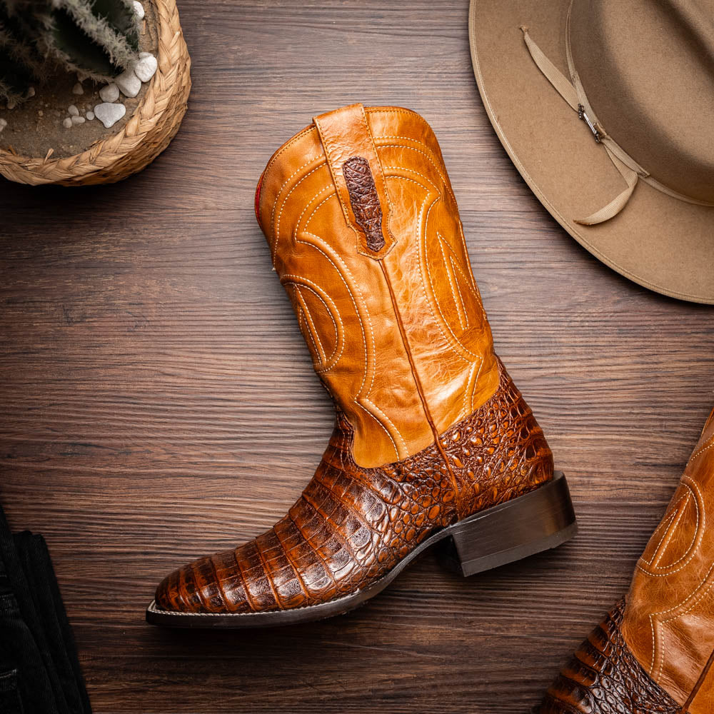Marco Di Milano Tucson Caiman Crocodile Square Toe Cowboy Boot Aged Maple
