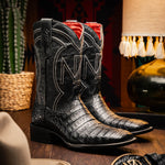 Marco Di Milano Tucson Caiman Crocodile Square Toe Cowboy Boot Black