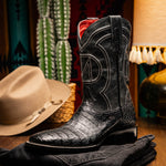 Marco Di Milano Tucson Caiman Crocodile Square Toe Cowboy Boot Black