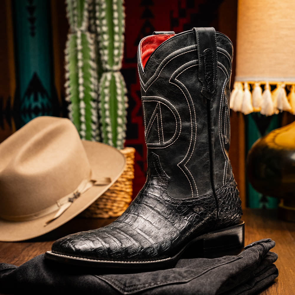 Marco Di Milano Tucson Caiman Crocodile Square Toe Cowboy Boot Black
