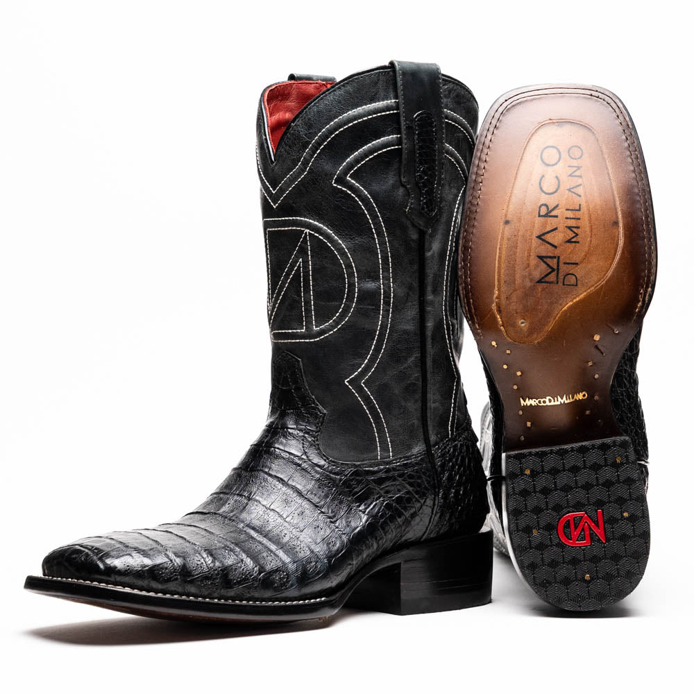 Marco Di Milano Tucson Caiman Crocodile Square Toe Cowboy Boot Black