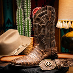 Marco Di Milano Tucson Caiman Crocodile Square Toe Cowboy Boot Stone Brown