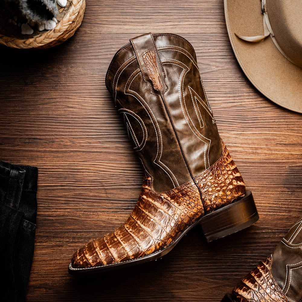 Marco Di Milano Tucson Caiman Crocodile Square Toe Cowboy Boot Stone Brown