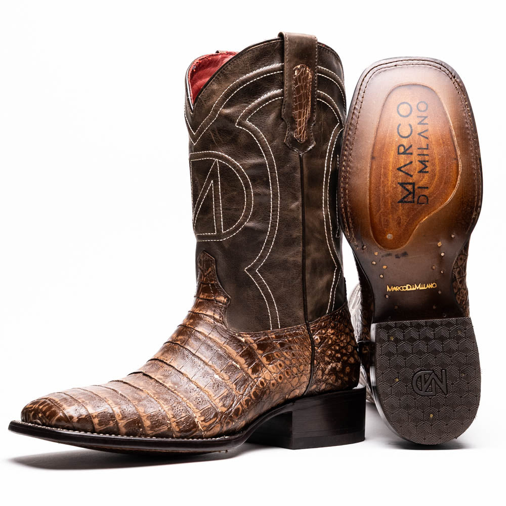 Marco Di Milano Tucson Caiman Crocodile Square Toe Cowboy Boot Stone Brown