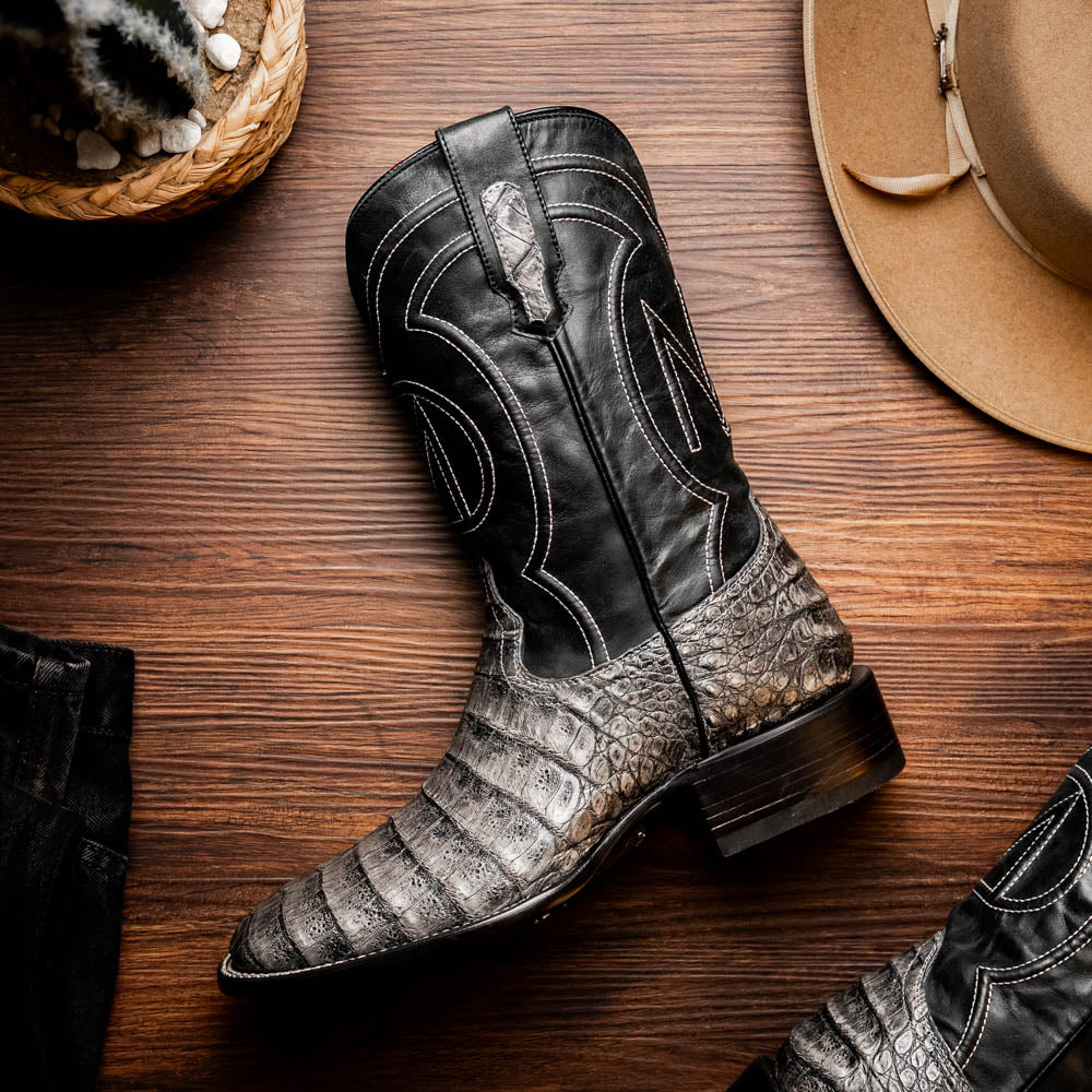 Marco Di Milano Tucson Caiman Crocodile Square Toe Cowboy Boot Stone Gray