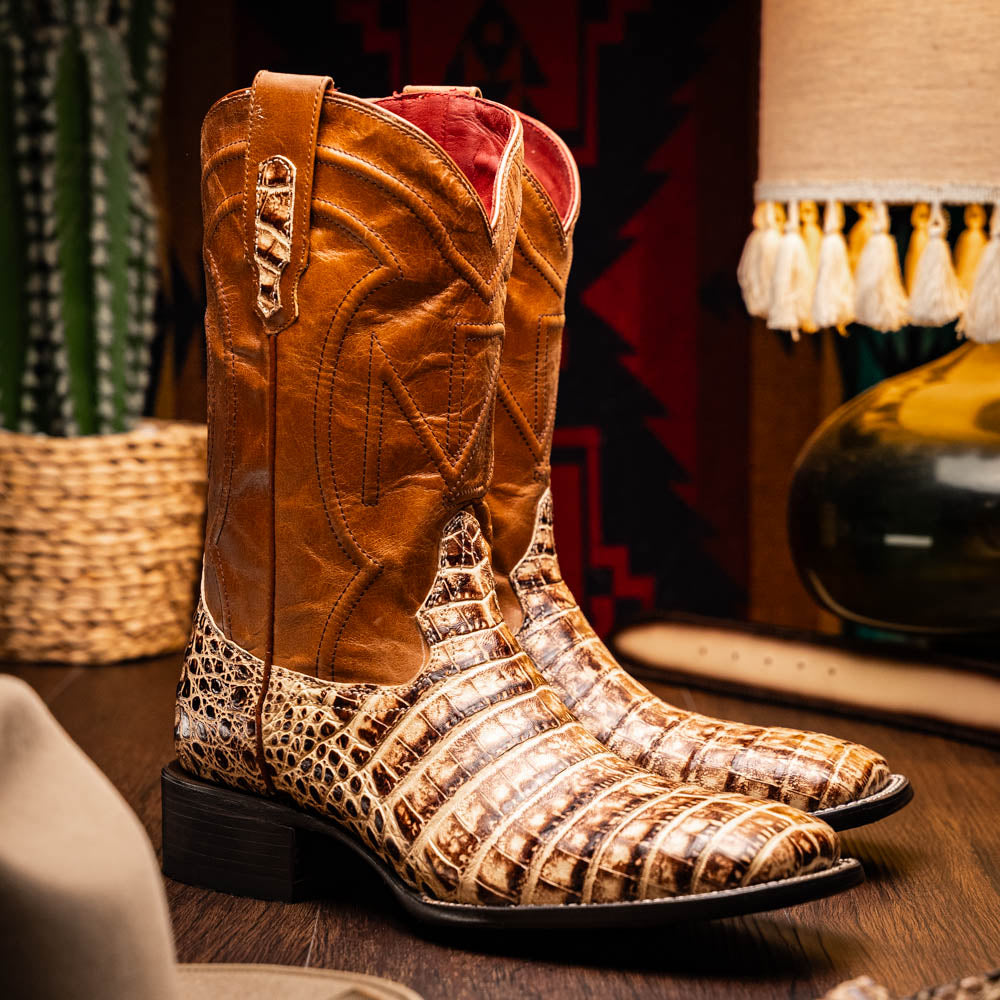 Marco Di Milano Tucson Caiman Crocodile Square Toe Cowboy Boot Stone Orix
