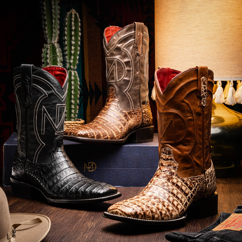 Marco Di Milano Tucson Caiman Crocodile Square Toe Cowboy Boot Stone Brown