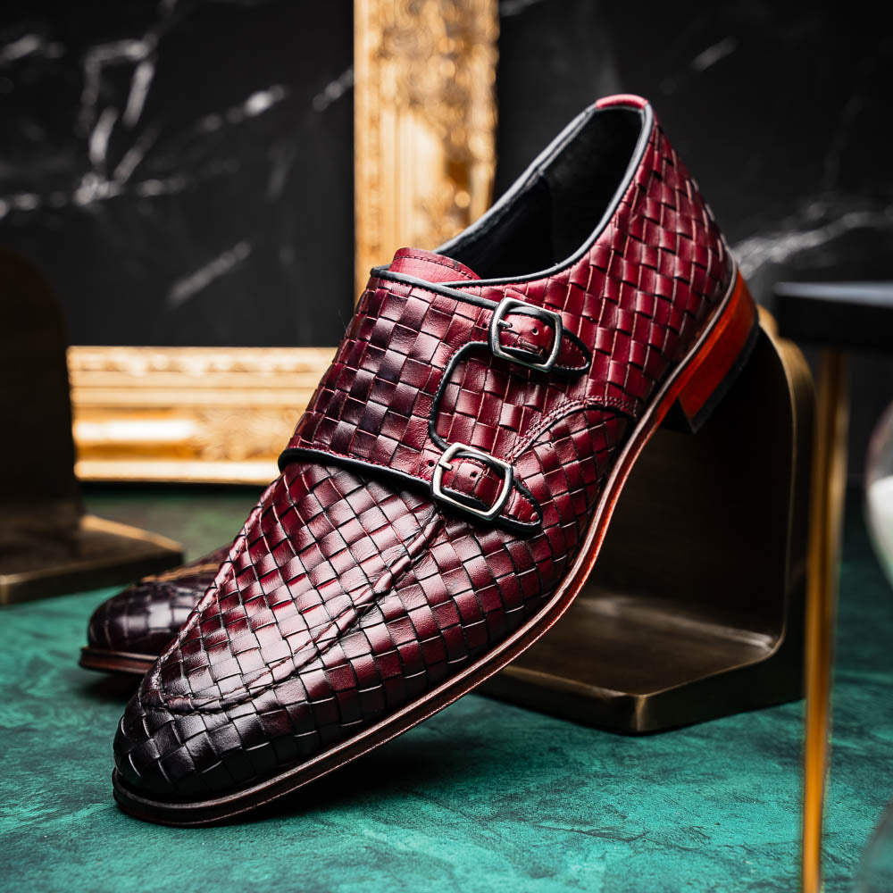 Vinci Leather The Turan Woven Double Monk Strap Dress Shoe Burgundy