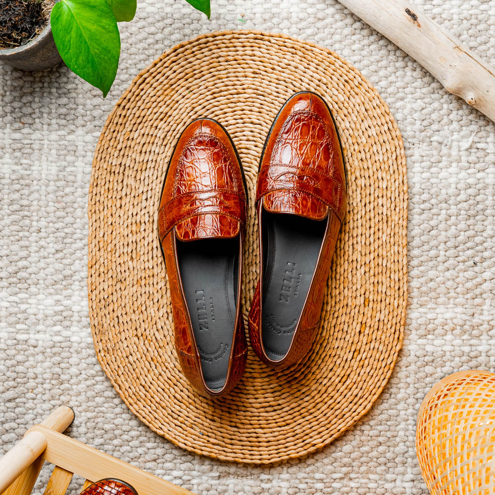 Zelli Tuscany Crocodile Slip-On Cognac | MensDesignerShoe.com