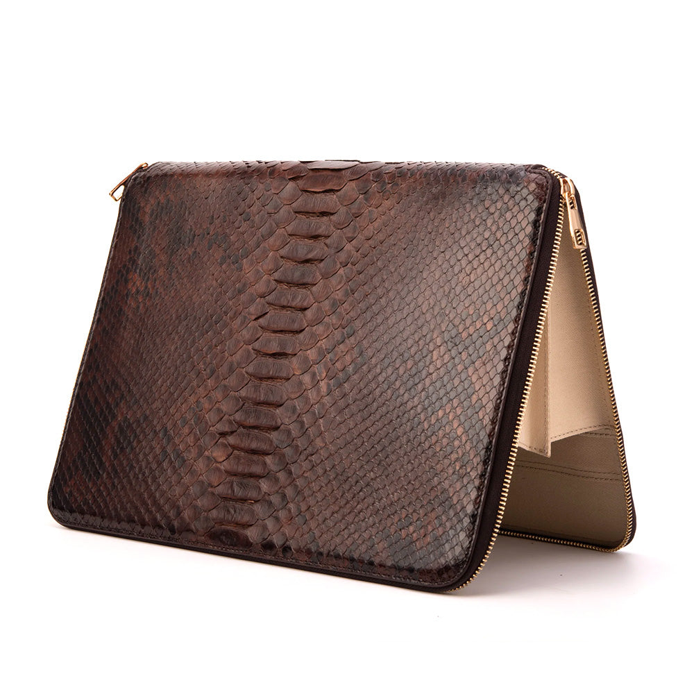 Vinci Leather The Varese Hand-Painted Python Leather Laptop Portfolio Brown