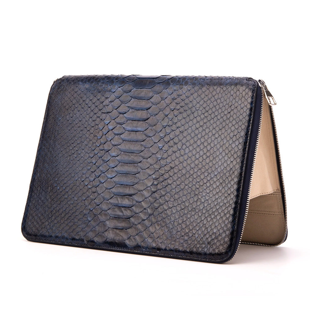 Vinci Leather The Varese Hand-Painted Python Leather Laptop Portfolio Navy Blue