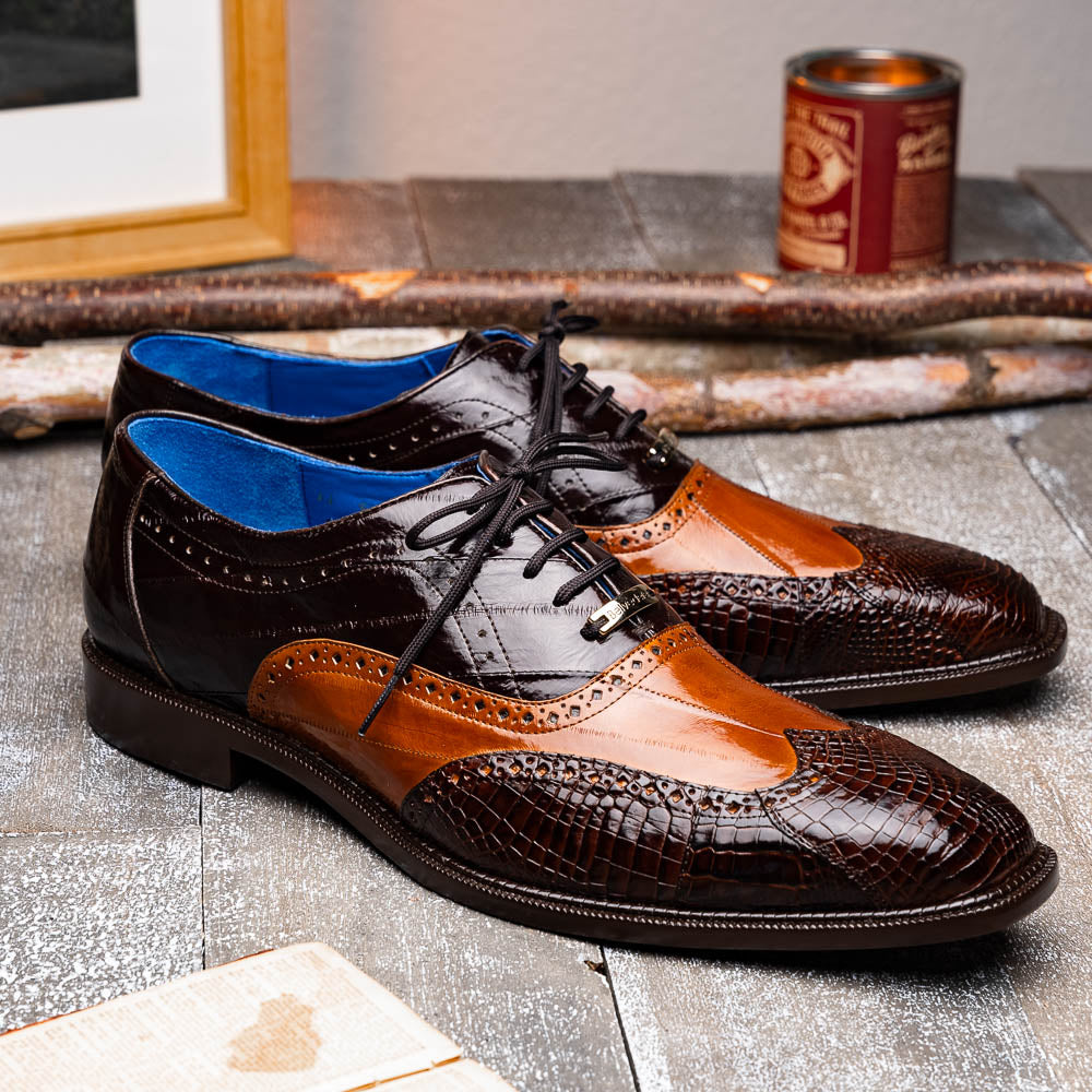 Belvedere Varo Genuine Alligator / Eel Wing Wingtip Shoes Chocolate / Ant Tan (R49)