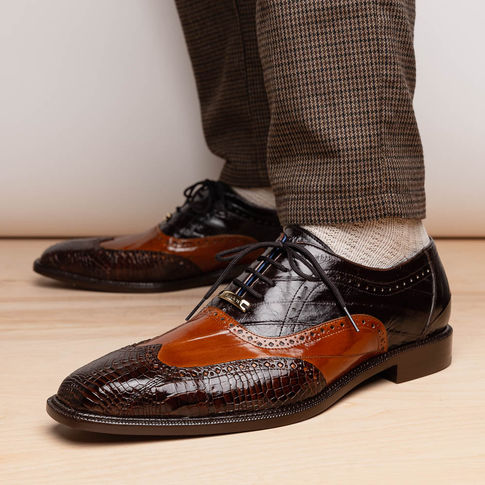 Belvedere Varo Genuine Alligator / Eel Wing Wingtip Shoes Chocolate / Ant Tan (R49)