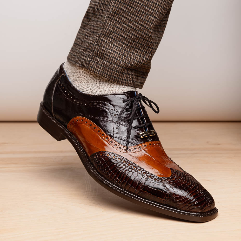 Belvedere Varo Genuine Alligator / Eel Wing Wingtip Shoes Chocolate / Ant Tan (R49)