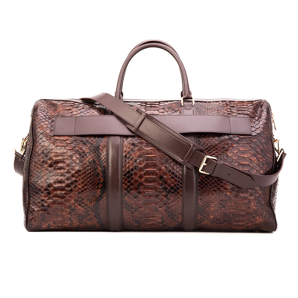 Vinci Leather The Velar Hand-Painted Python Leather Weekender Bag Brown