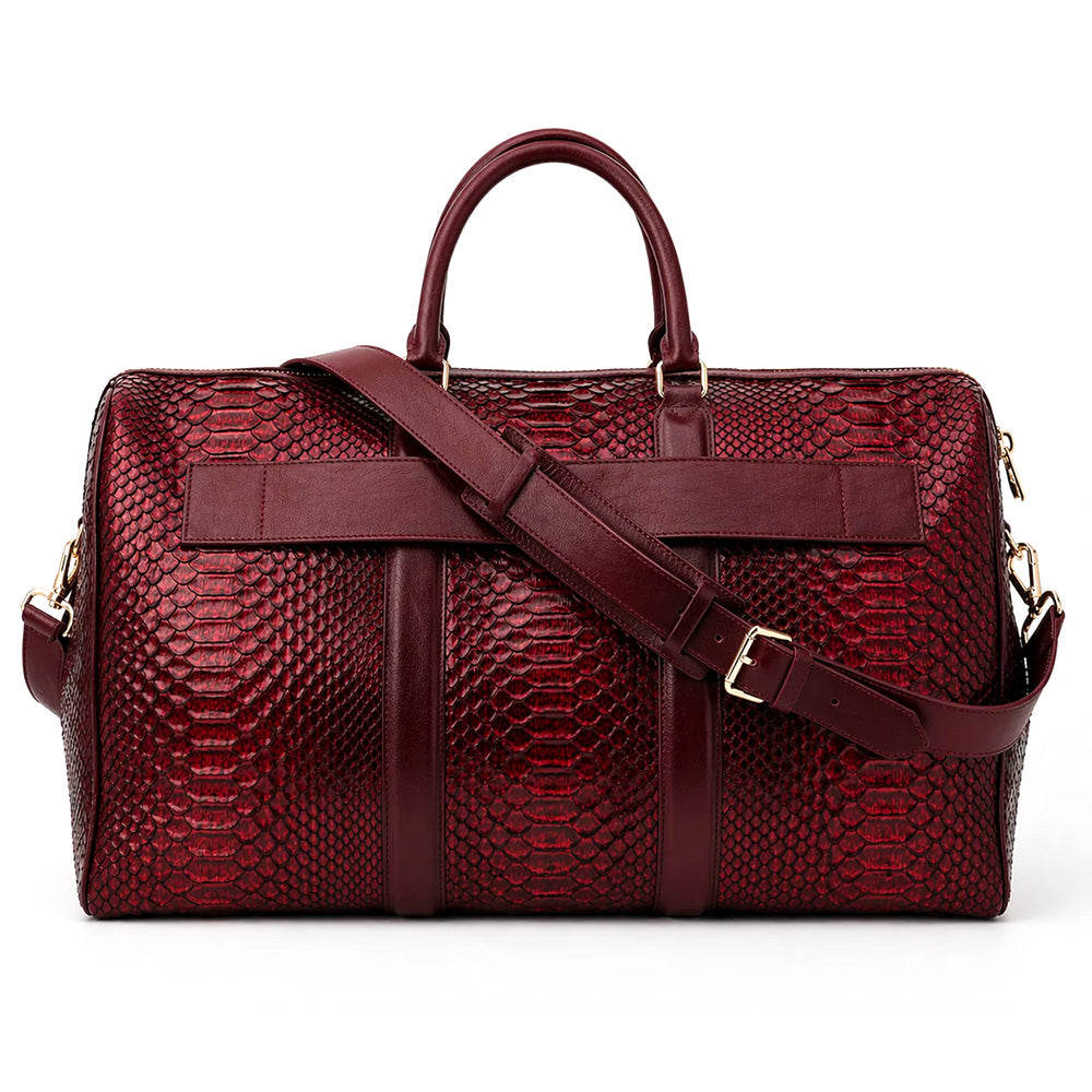 Vinci Leather The Velar Hand-Painted Python Leather Weekender Bag Burgundy