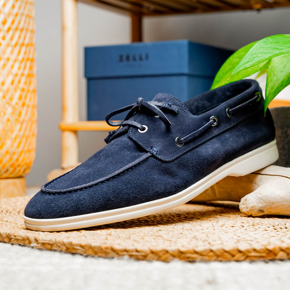 Zelli Venice Sueded Italian Goatskin Boat Shoe Navy