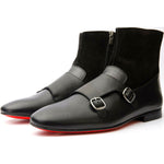 Vinci Leather Preston Black Leather / Suede Double Monk Strap Ankle Boot (C-9058)