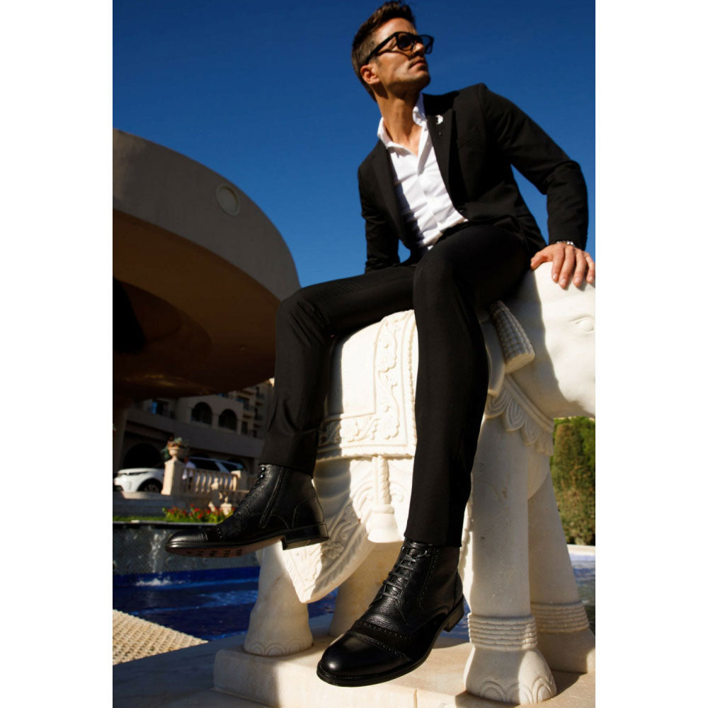 Vinci Leather The Anderson Black Leather / Suede Brogue Lace-up Boot With A Zipper (14559)