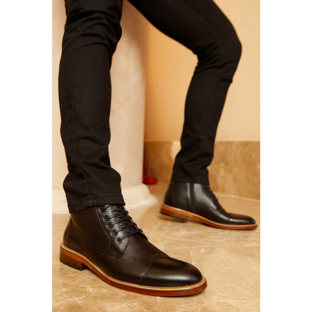 Vinci Leather The Bothey Black Leather Cap-toe Lace-up Boot With A Zipper (14554)