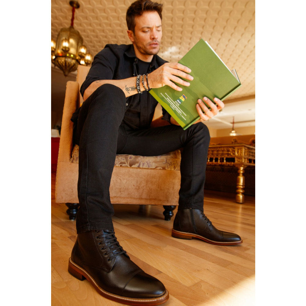Vinci Leather The Bothey Black Leather Cap-toe Lace-up Boot With A Zipper (14554)