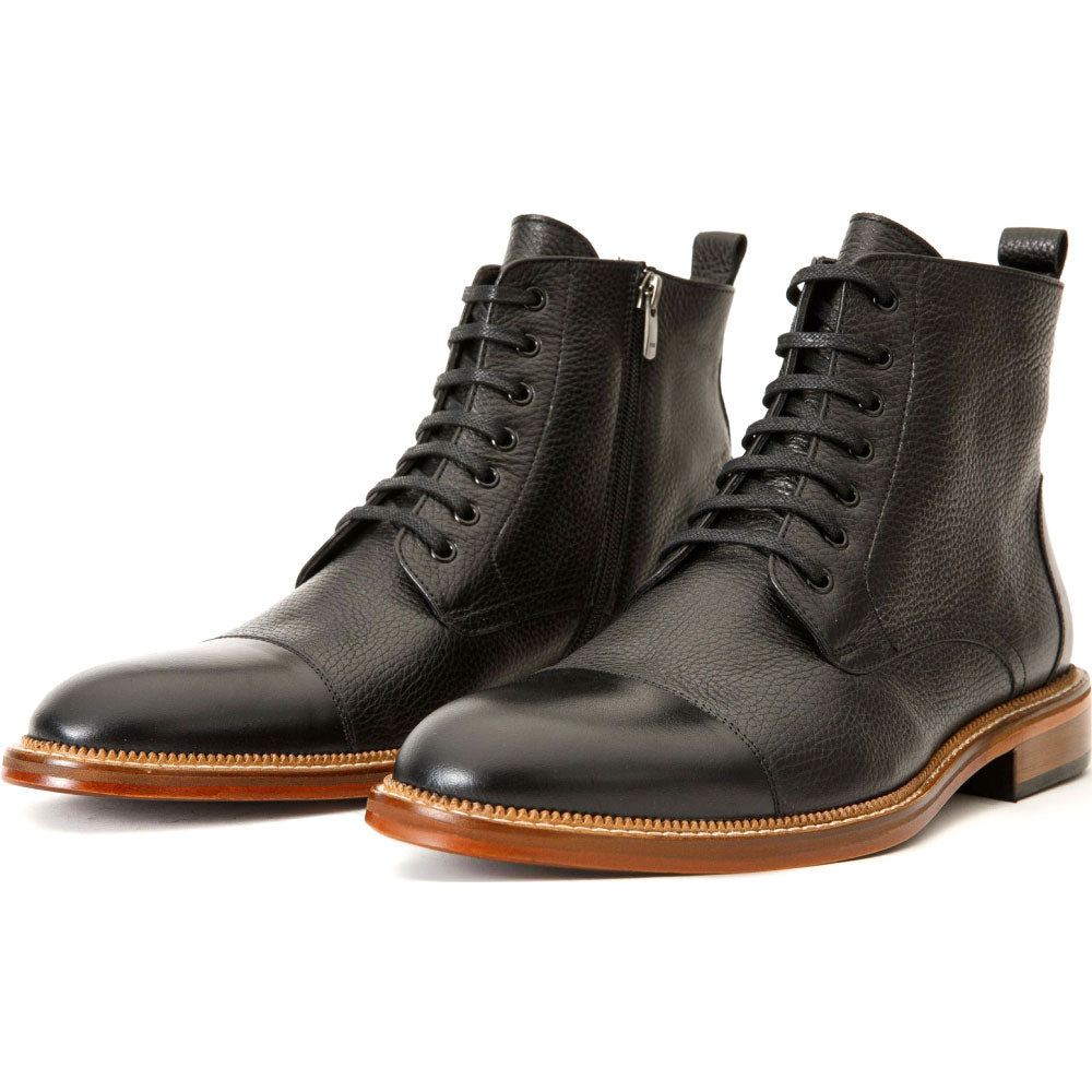 Vinci Leather The Bothey Black Leather Cap-toe Lace-up Boot With A Zipper (14554)