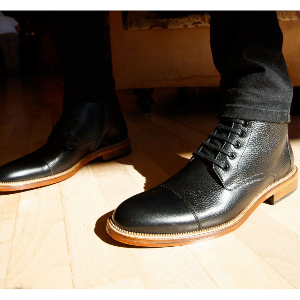Vinci Leather The Bothey Black Leather Cap-toe Lace-up Boot With A Zipper (14554)