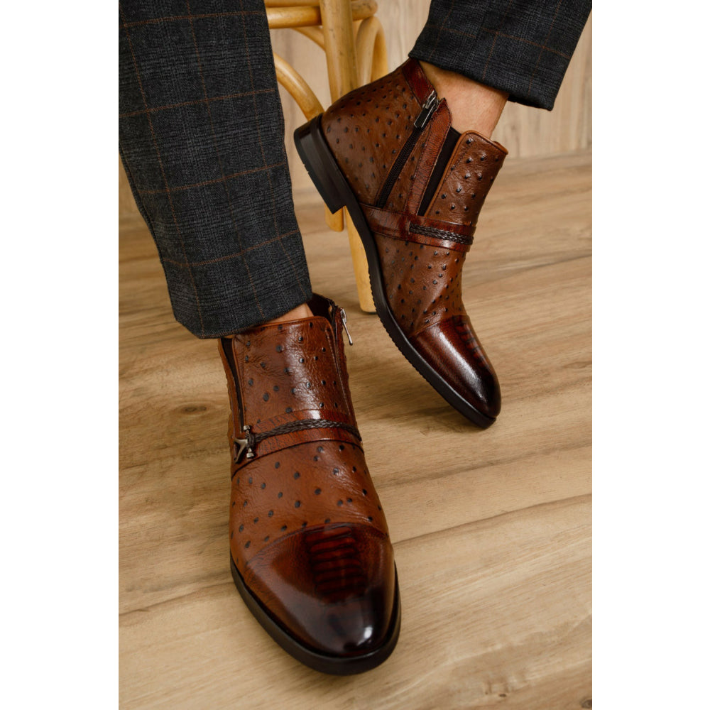 Vinci Leather The Dallas Brown Leather Bit Ankle Zip-up Dress Boot (10726)