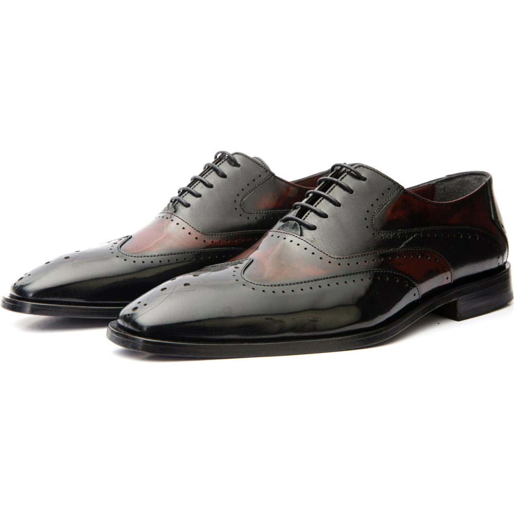 Vinci Leather The Dicle Black / Burgundy Wingtip Semi Brogue Derby Shoe (16010)