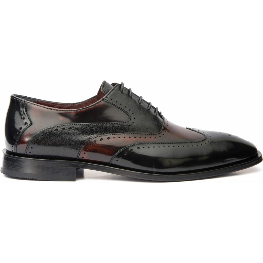 Vinci Leather The Dicle Black / Burgundy Wingtip Semi Brogue Derby Shoe (16010)