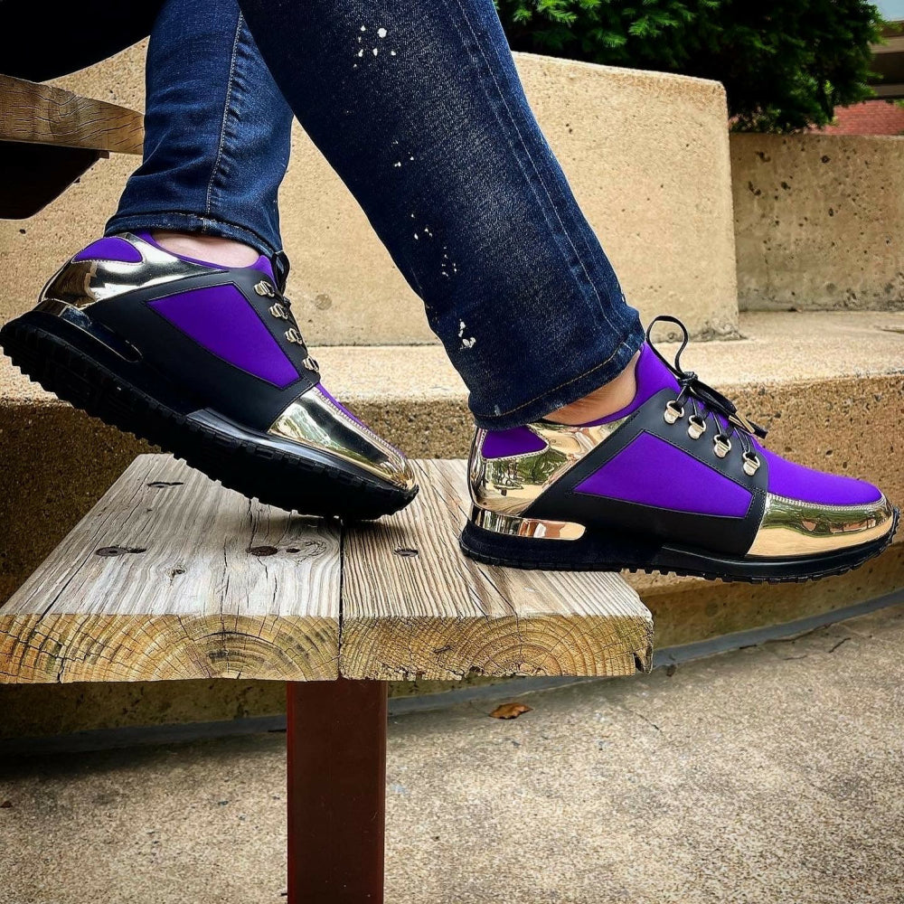 Vinci Leather The Emir Gold / Purple Leather Sneaker For Men (D-529)