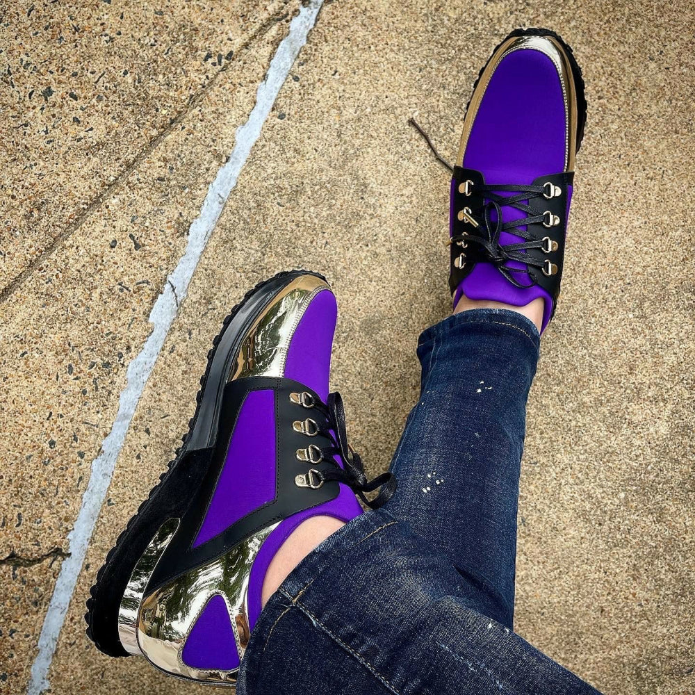 Vinci Leather The Emir Gold / Purple Leather Sneaker For Men (D-529)