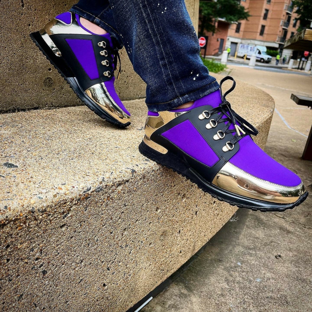 Vinci Leather The Emir Gold / Purple Leather Sneaker For Men (D-529)