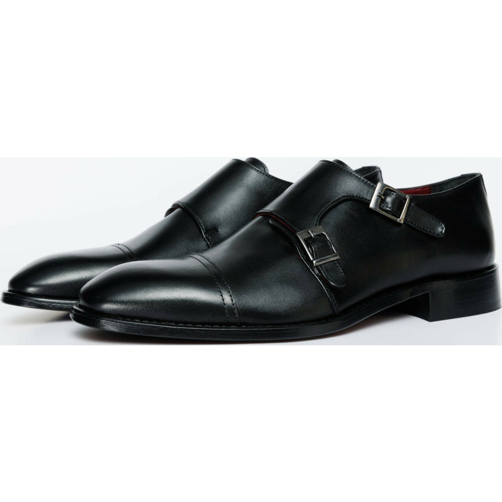 Vinci Leather The Essen Black Cap Toe Double Monk Strap Shoe (10775)