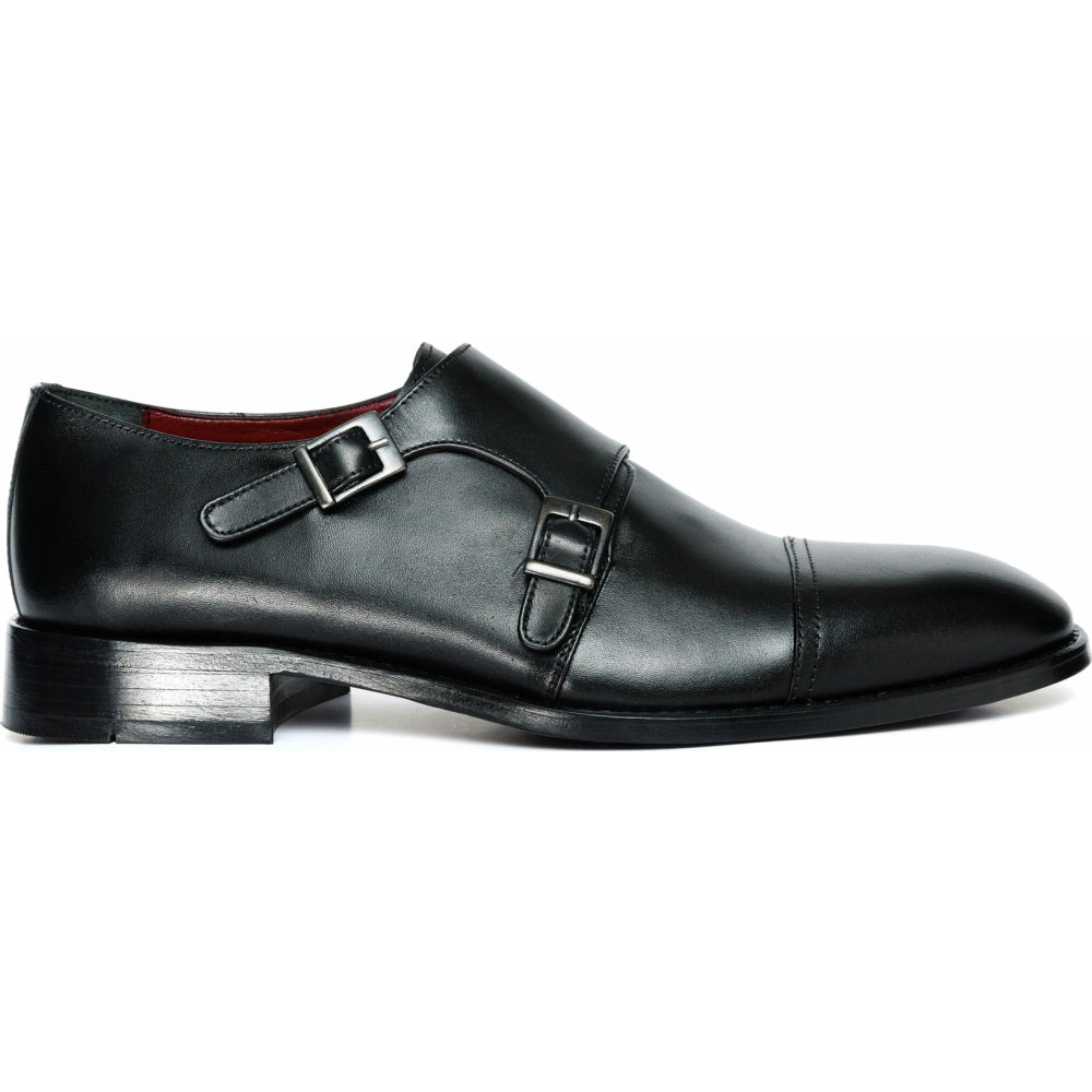 Vinci Leather The Essen Black Cap Toe Double Monk Strap Shoe (10775)