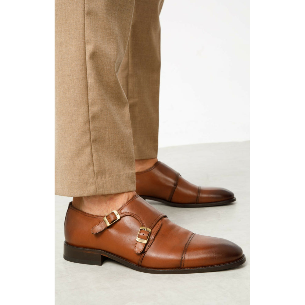 Vinci Leather The Essen Brown Cap Toe Double Monk Strap Shoe