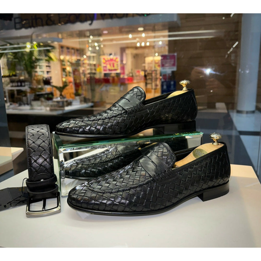 Vinci Leather The Grand Woven Leather Black Shoe Penny Loafer
