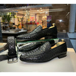 Vinci Leather The Grand Woven Leather Black Shoe Penny Loafer (11060)